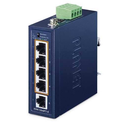 コンパクト産業用4ポート10/100TX 802.3at PoE +1ポート100/100TXイーサネットスイッチ<br><b>ISW-504PT-E</b>